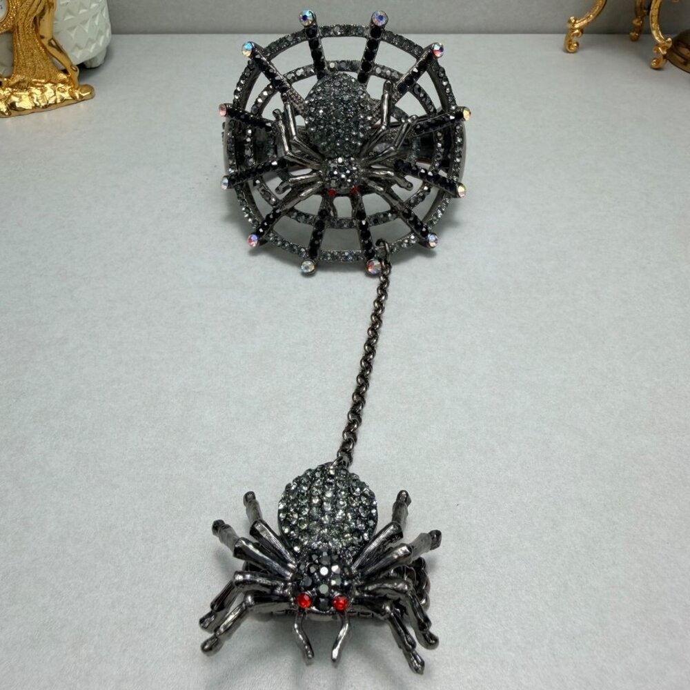 Chunky Gothic Spider Bracelet & Stretch Ring Set Crystal Black Nice Gunmetal